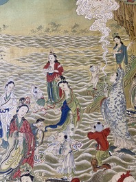 Chinese school, ink and color on canvas: 'Mountainous landscape with goddesses, mythical animals and boys', 19/20th C.